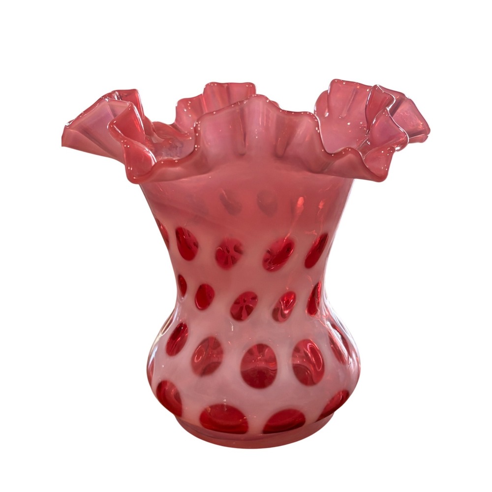 Fenton Cranberry Opalescent Coin Dot Ruffled Vase 6 Inch Pink Art Glass Vintage